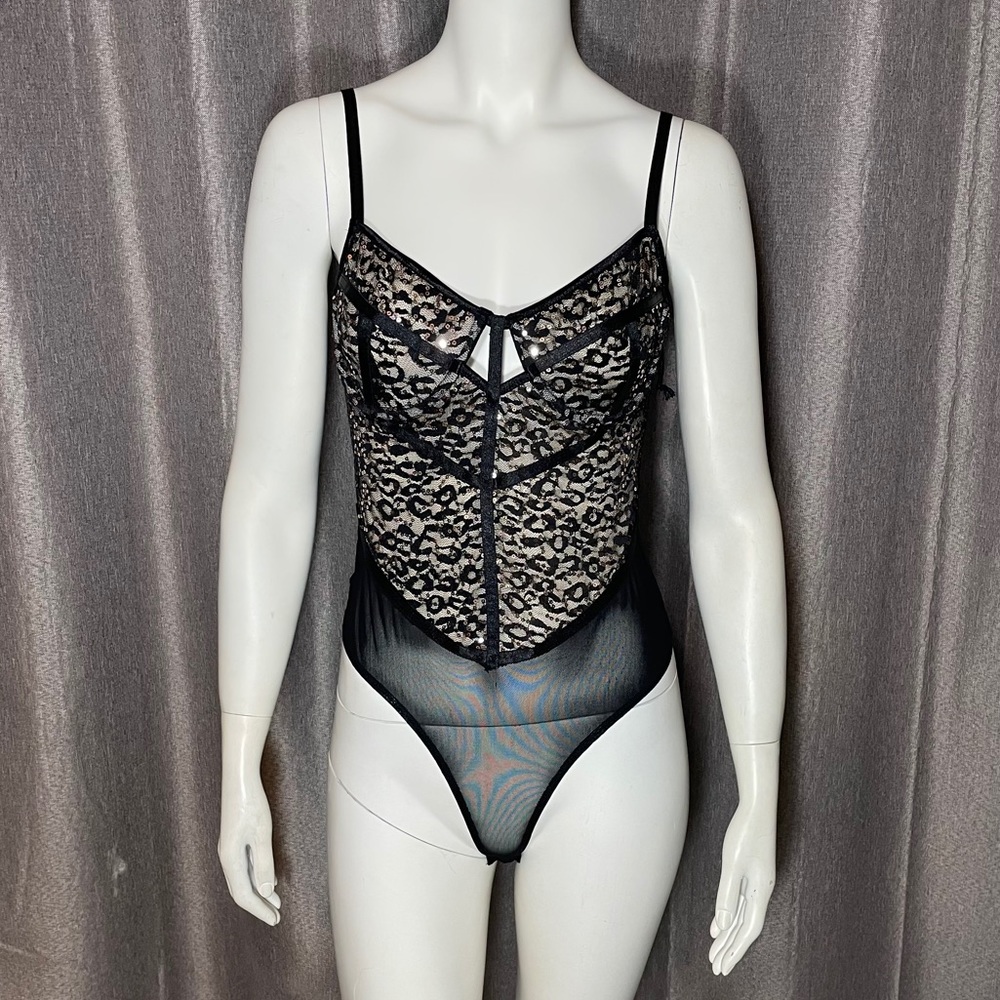 Haute Monde Black Mesh Cheetah Sequin Bodysuit